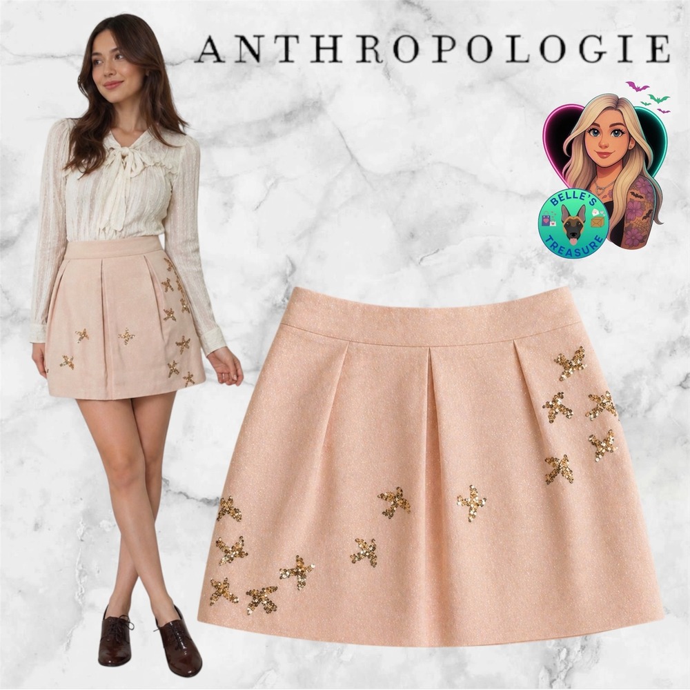 Anthropologie Leifnotes Women's 6 Sequin Bird Mini Skirt Nude Pink Metallic Gold